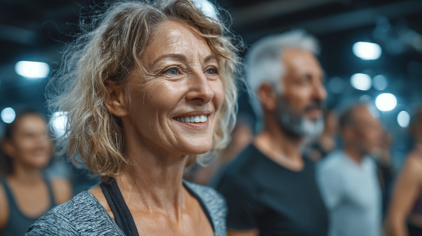 Mature adults enjoying outdoor group exercise in a peaceful garden setting